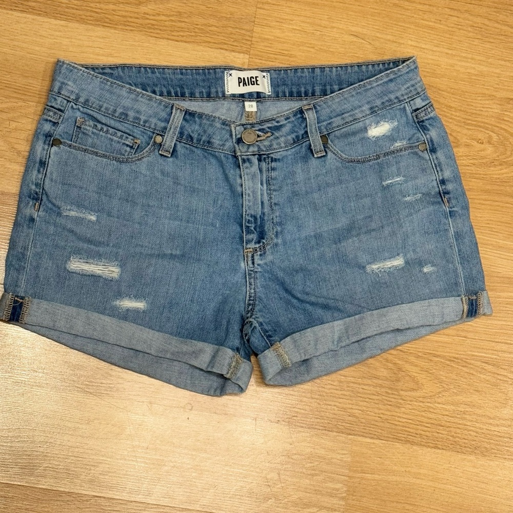 PAIGE Blue Jean Shorts with Distressed Details and Folded Cuff